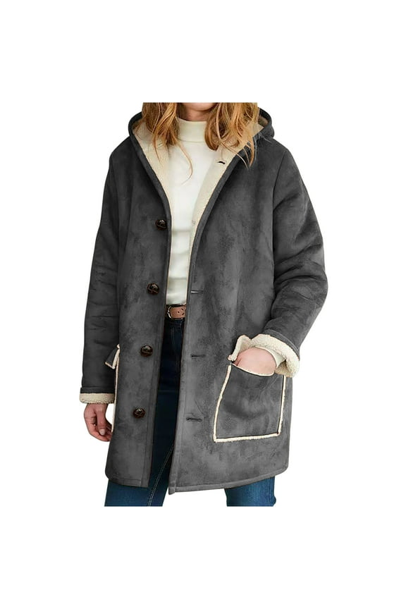 Flash Picks 65% off Coats for Women Winter Warm Composite Plush Button Hooded Jacket Outwear Solid Coat