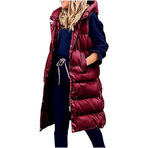 Patlollav Flash Picks 65% off Women Long Jacket Warm Pocket Hooded Coat Winter Sleeveless Down Parkas
