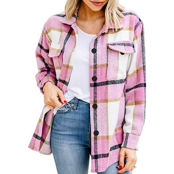 Patlollav Flash Picks 65% off Womens Flannel Jacket Casual Plaid Buckle Long Sleeve Woolen Shirt Outwear Coat