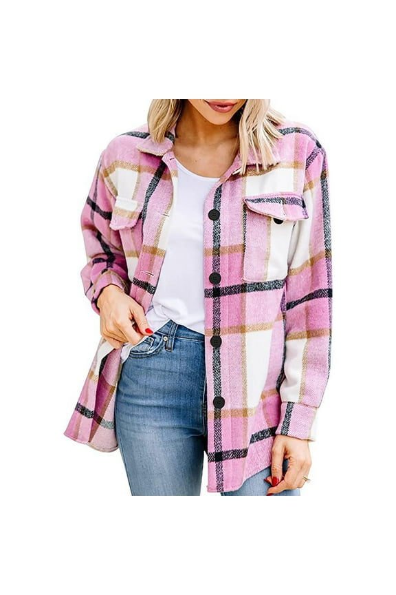 Flash Picks 65% off Womens Flannel Jacket Casual Plaid Buckle Long Sleeve Woolen Shirt Outwear Coat