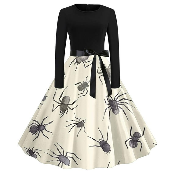 Patlollav Halloween Dress Womens Printed Tie Hepburn Style Vintage Zipper Long Sleeve Round Neck Dresses
