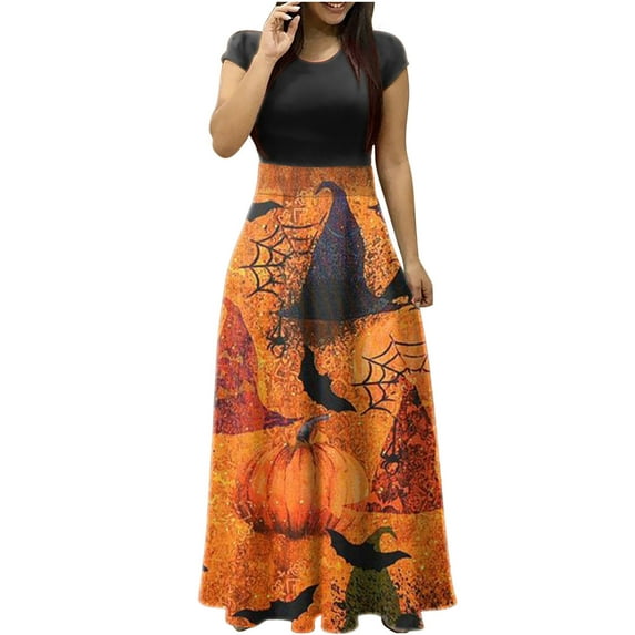 Patlollav Halloween Dresses Womens Long Dress Short Sleeve Colorful Print Beach Casual Maxi Sundress