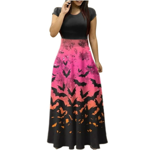 Patlollav Halloween Dresses Womens Long Dress Short Sleeve Colorful Print Beach Casual Maxi Sundress