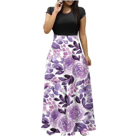 Patlollav Halloween Dresses Womens Long Dress Short Sleeve Colorful Print Beach Casual Maxi Sundress