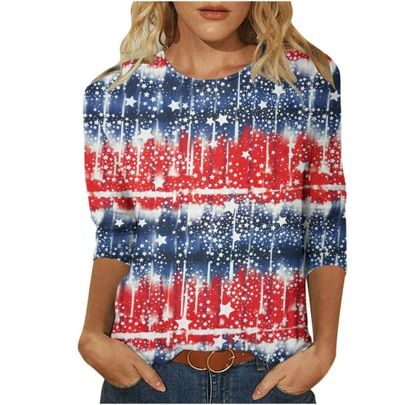 Patlollav Independence Day 3/4 Length Sleeve Womens Tops 2025 Summer Round Neck Shirts Three Quarter Sleeve Tshirts