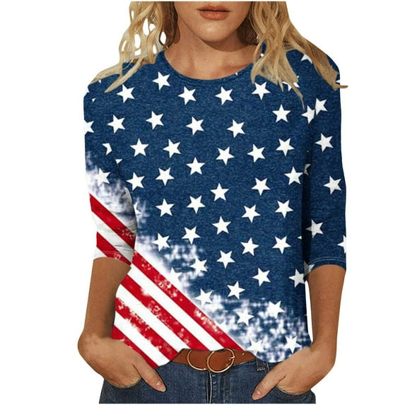 Patlollav Independence Day Womens Tops Casual Loose Fit Crewneck T Shirts Cute Print 3/4 Length Sleeve Tunic Tops
