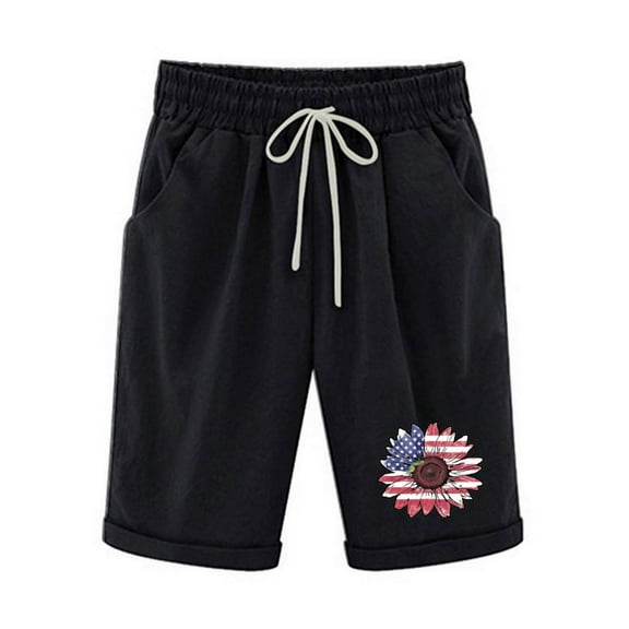 Patlollav Independence Women Casual Shorts Drawstring Comfy Elastic Waist Shorts Summer Pull On Shorts with Pockets