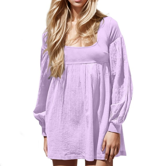 Patlollav Ladies Casual Loose Solid Color Round Neck Dress Womens Long Sleeve Knee Length Dress