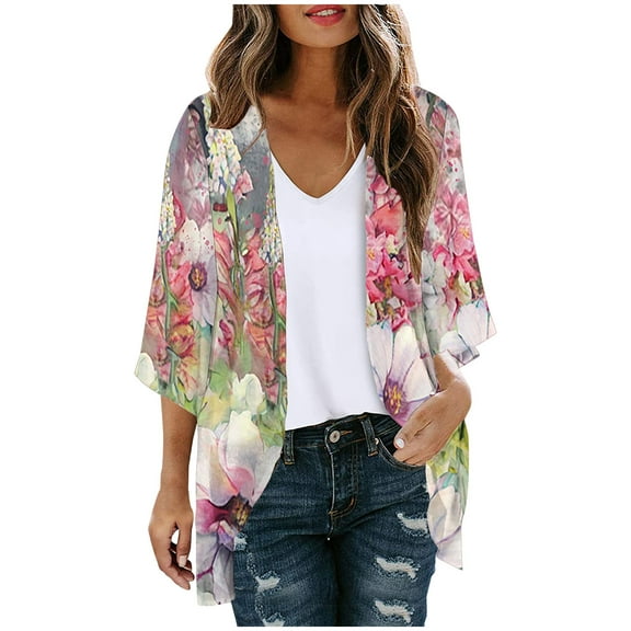 Patlollav Ladies Under $5,Womens Pink Cardigan Fall Summer 3/4 Sleeve Tops Chiffon Cardigans with Pocket
