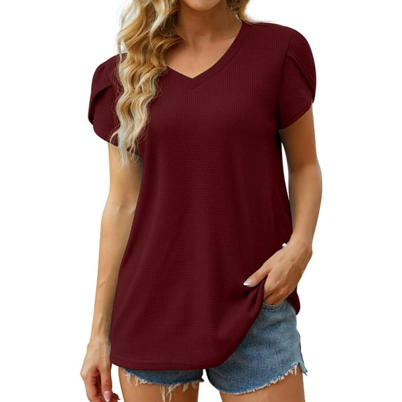 Patlollav Ladies,Woman Loose Casual Short Sleeve V-Neck Solid Blouse T-Shirt Tunic Tops