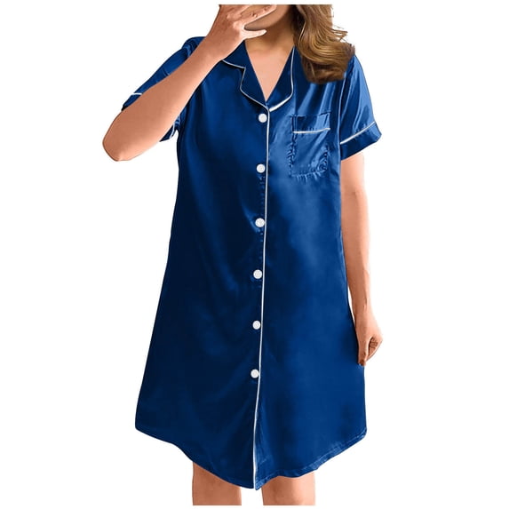 Patlollav Ladies Dress,Women's Home Clothing Solid Color Simulated Silk Shirt Nightwear Loose Short Sleeve Pajamas
