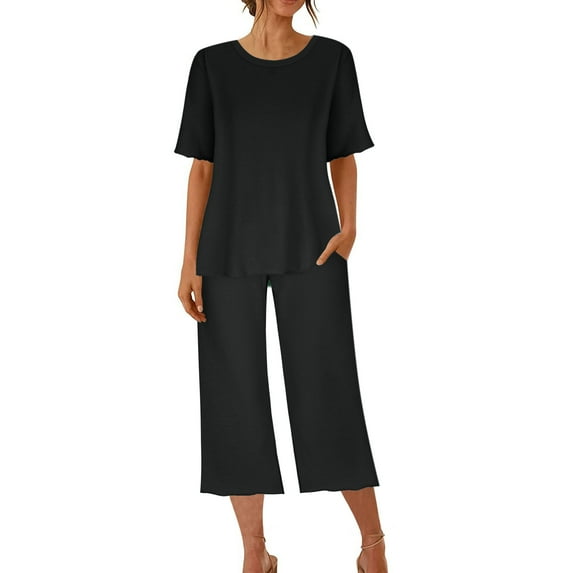 Patlollav Ladies Loungewear Pajamas,Womens Solid Color Round Neck Short Sleeve Sleepshirt And Pants Sets With Pockets