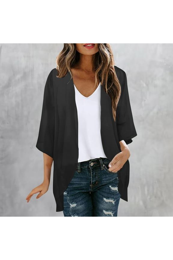Patlollav Ladies Shirts $5,Womens Chiffon Cardigan Printed Fall Summer 3/4 Sleeve Tops with Pocket