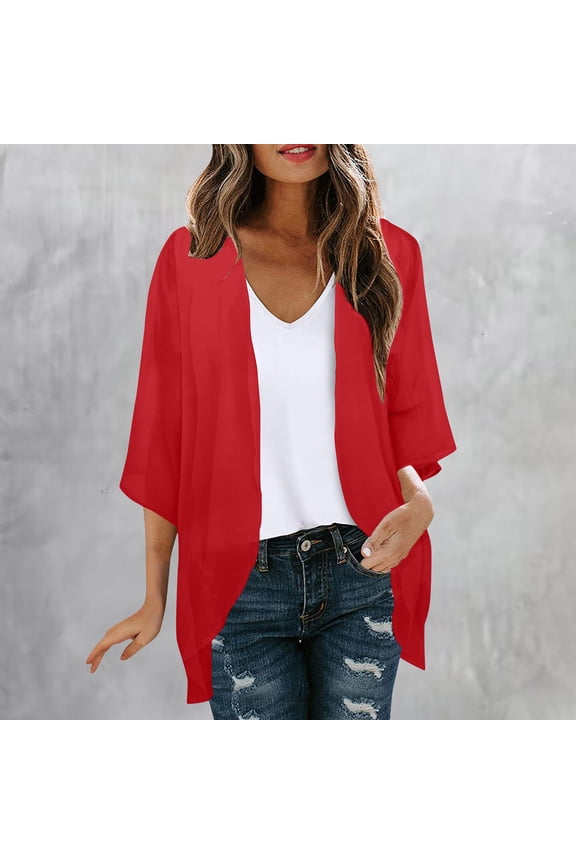 Patlollav Ladies Shirts $5,Womens Chiffon Cardigan Printed Fall Summer 3/4 Sleeve Tops with Pocket