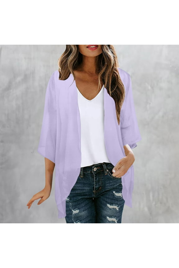 Patlollav Ladies Shirts $5,Womens Chiffon Cardigan Printed Fall Summer 3/4 Sleeve Tops with Pocket