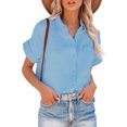 thumbnail image 1 of Patlollav Ladies Solid Color Cotton and Linen Shirt Short Sleeve Lapel Button Top Rollback and Clearance, 1 of 5