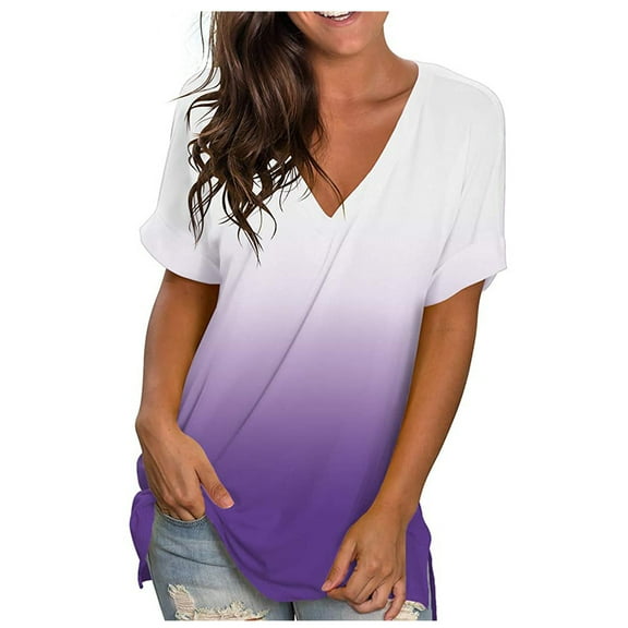 Patlollav Ladies Tops,Women's Tops Casual Gradient V-Neck Short Sleeve Loose Tshirt