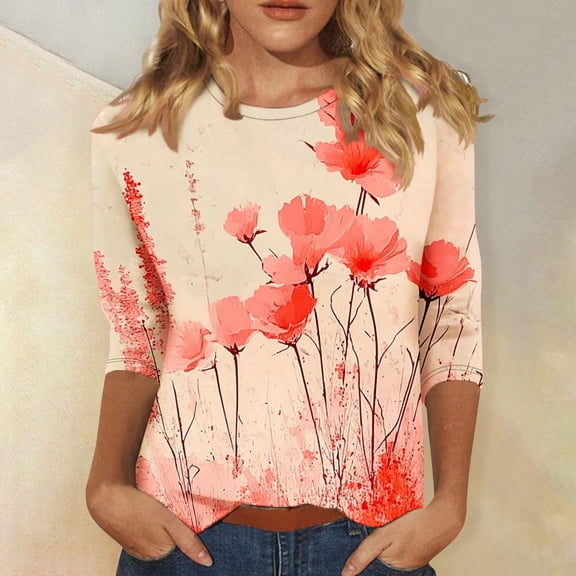 Patlollav Ladies Tops Slim Fit Crew Neck Tshirt for Women Elbow 3/4 Length Sleeve Casual Shirts for Women Business Blouses Plus Size