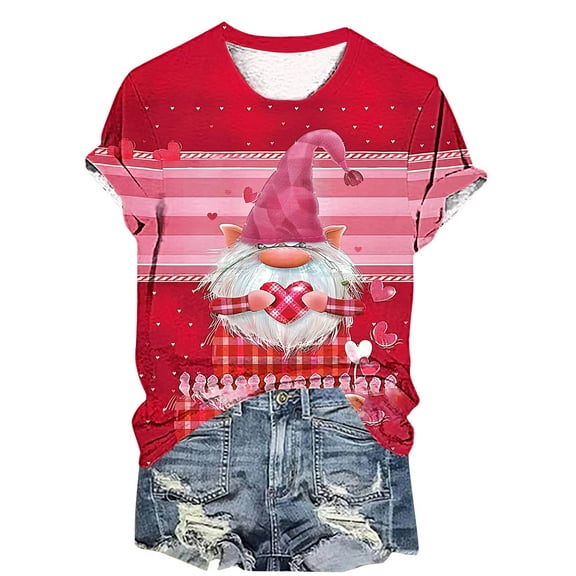 Patlollav Ladies Valentine's Day Printed Round Neck Short Sleeve Tops Shirt