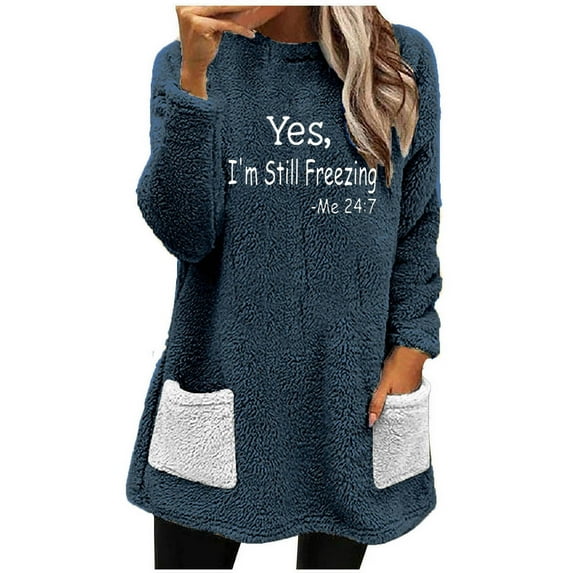 Patlollav Ladies Winter Round Neck Embroidered Color Blocked Pocket Long Sleeve Thick Warm Tops