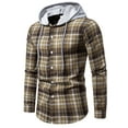 thumbnail image 1 of Patlollav Men Casual Patchwork Fashion Plaid Hooded Button Long Sleeve Shirt Blouse Yellow S, 1 of 4