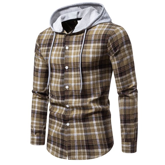 Patlollav Men Casual Patchwork Fashion Plaid Hooded Button Long Sleeve Shirt Blouse Yellow XL