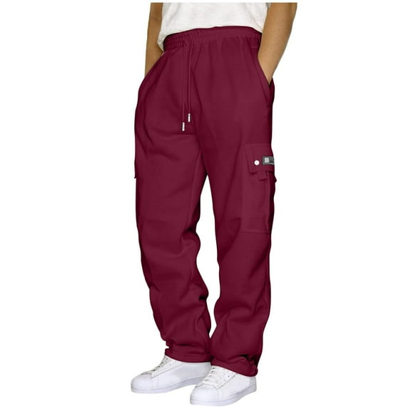 Patlollav Men Casual Trousers High Waist Drawstring Long Pants With Multi-Pockets