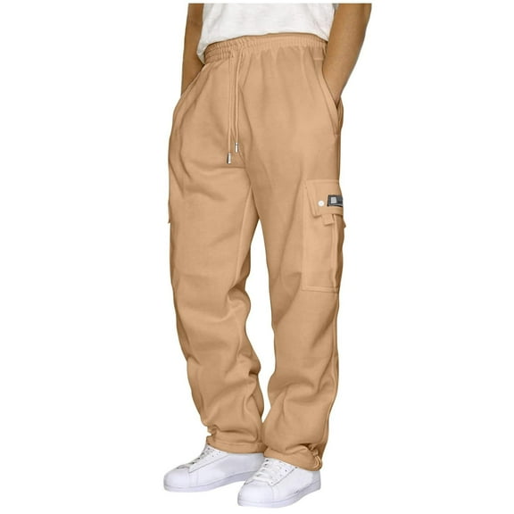 Patlollav Men Casual Trousers High Waist Drawstring Long Pants With Multi-Pockets
