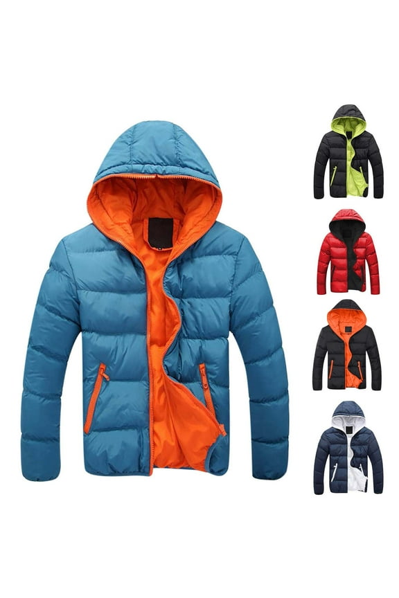 Men Coats Plus Size Winter Color Contrast Thick Hooded Cotton Jacket
