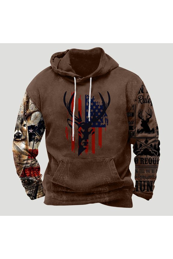 Men Comfortable Hoodie Heart Pattern Hooded Pocket Drawstring Sweatshirts Coffee L