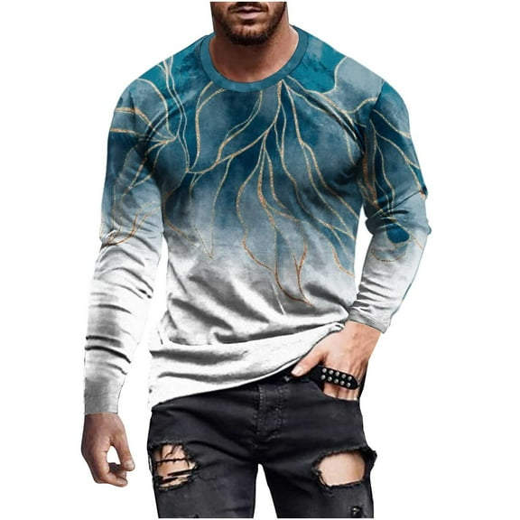 Patlollav Men T-Shirts Casual Round Neck Long Sleeve Pullover Print Blouse Tops