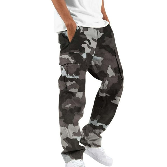 Patlollav Mens Camouflage Trousers Elastic Waist Straight Tube Drawstring Pocket Workwear Pants