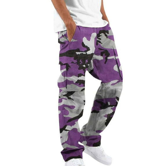 Patlollav Mens Camouflage Trousers Elastic Waist Straight Tube Drawstring Pocket Workwear Pants