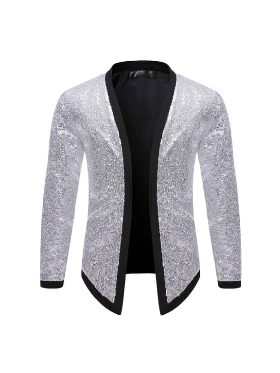 Patlollav Mens Casual Solid Long Sleeve Sequin Dance Dress Cardigan Jacket