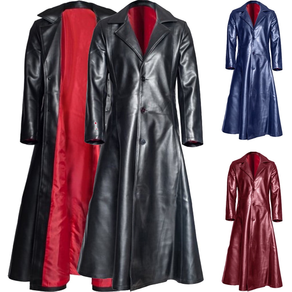 Patlollav Mens Gothic Long Coat Leather Coat Faux Leather Jacket Jackets S-5XL