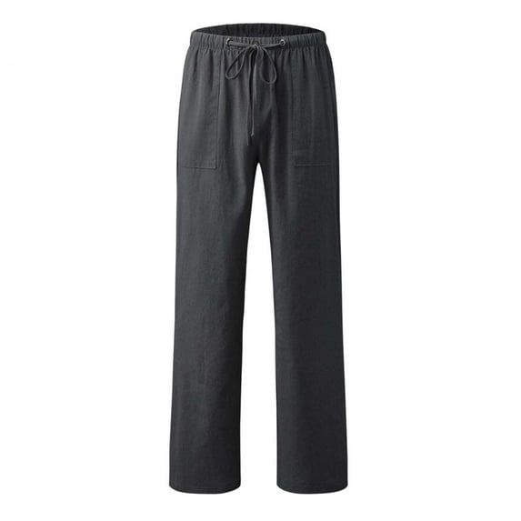 Patlollav Mens Linen Pants Drawstring Elastic Solid Color Loose Casual Trousers New