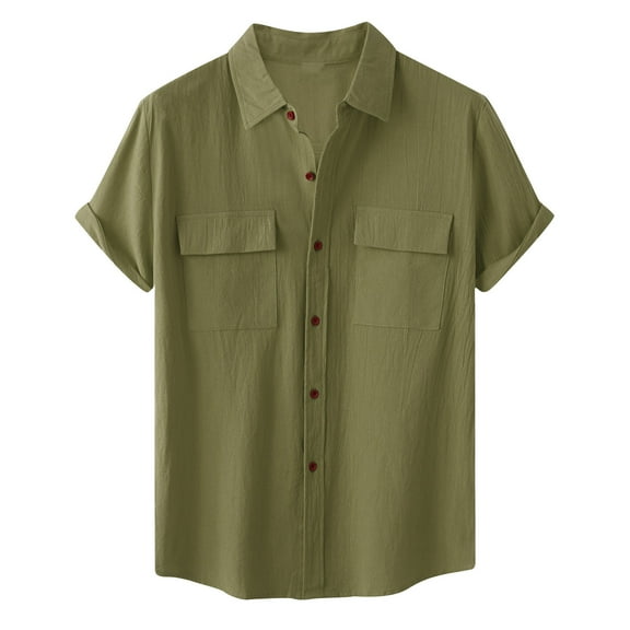 Patlollav Mens Shirts Solid Buttons Double Pocket Turndown Short Sleeve Tops