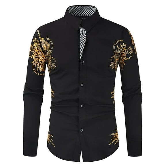 Patlollav Mens Shirts Fashion Casual Bronzing Print Long Sleeve Tops