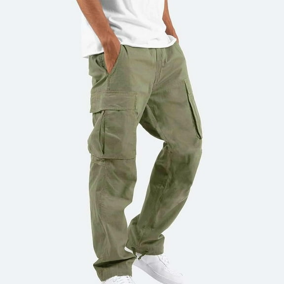 Patlollav Mens Solid Multiple Pockets Outdoor Straight Type Fitness Pants Cargo Trousers