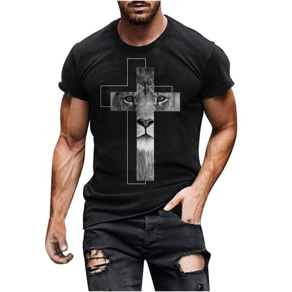 Patlollav Mens T-Shirt Cross Printed Sports T-Shirt Short Sleeve Round Neck Shirt