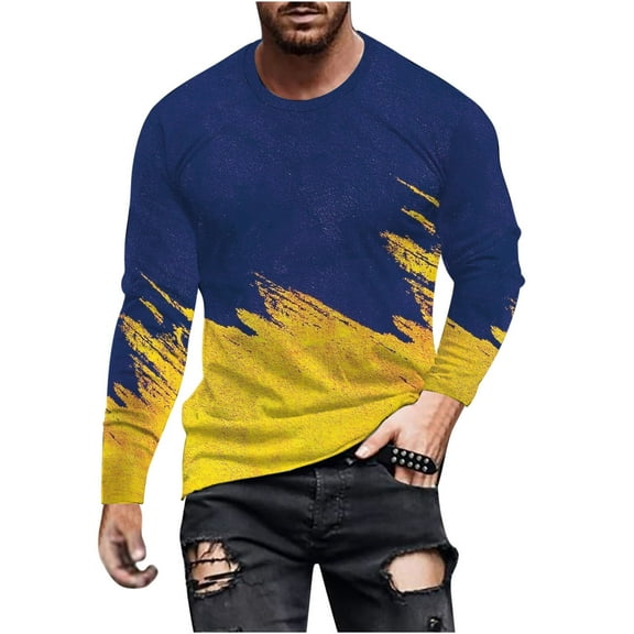 Patlollav Mens T-Shirt Gradient Printed Sports Shirt Long Sleeve Round Neck Tops