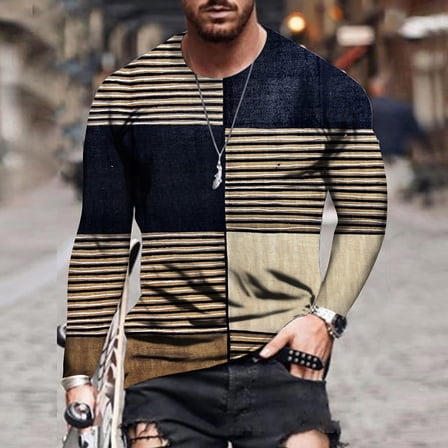 Patlollav Mens Tops Loose Round Neck 3D Print Long-Sleeve T-Shirt