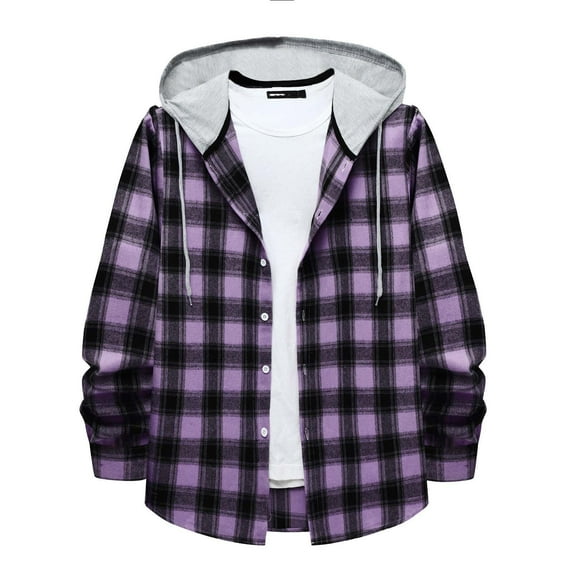 Patlollav Mens Winter Fashion Long Sleeve Solid Color Shirt Top Plaid Hooded Shirt