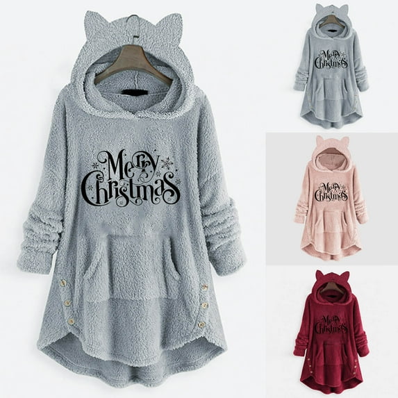 Patlollav Merry Christmas Women Coats Plus Size Plush Buttons Hooded Coat Tops