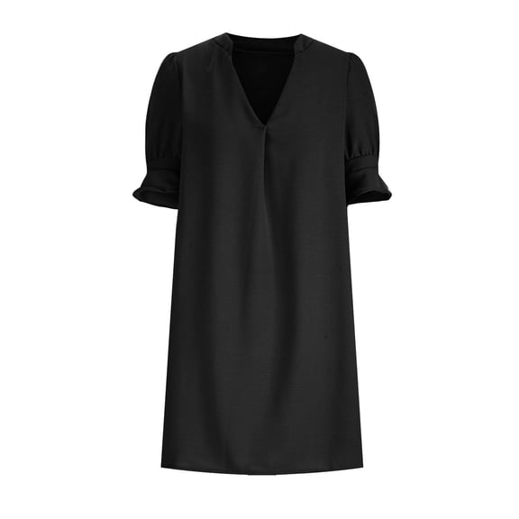 Patlollav Midi Dresses for Women, Women's V-Neck Shirt Dress Solid Color Straight-Leg Casual Lace Short-Sleeve Dress