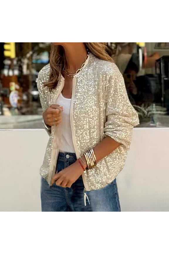 New 2024 Womens Casual Hoodless Long-Sleeved Sequin Jacket
