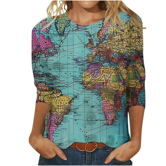 Patlollav New 2024 Womens Fashion Casual Color Printing Round Neck 3/4 Sleeve T-Shirt Top Blouse