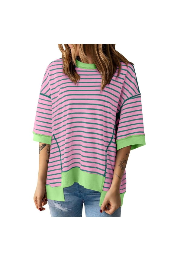 New 2024 Womens Tops Casual Crewneck Middle Sleeve Striped Color Block Hem Trendy Pullover Shoulder Drop T Shirts Blouse
