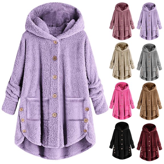 Patlollav Outwear Winter Wool Jacket for Women Coats Plus Size Hooded Loose Cardigan Button Plush Tops