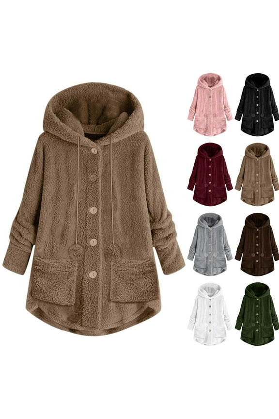 Outwear Winter Wool Jacket for Women Coats Plus Size Hooded Loose Cardigan Button Plush Tops
